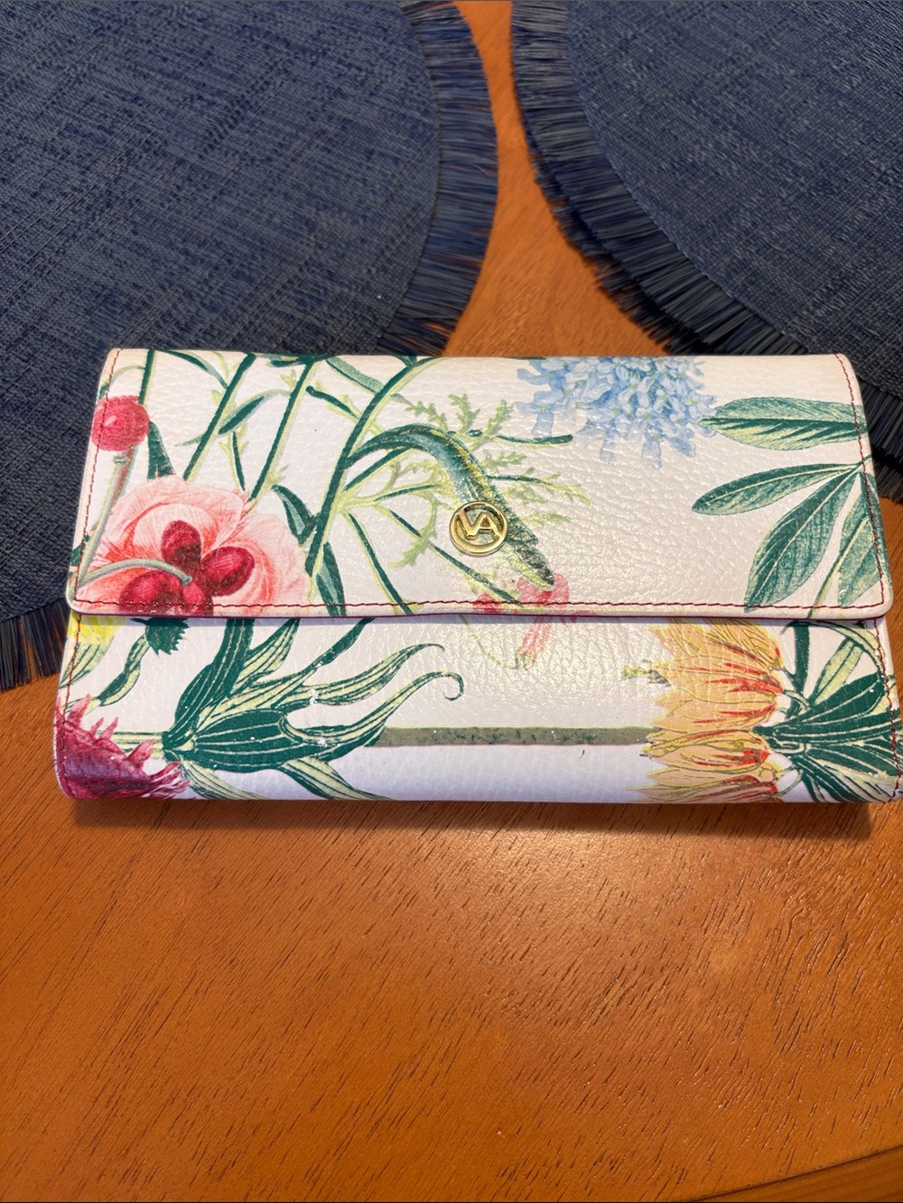EUC Valentina White Floral Foldover Wallet with Multicolor Blooms